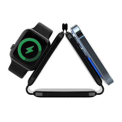 Cargador inalámbrico magnético portátil de tres en uno para cargar teléfonos rápidos en blanco y negro