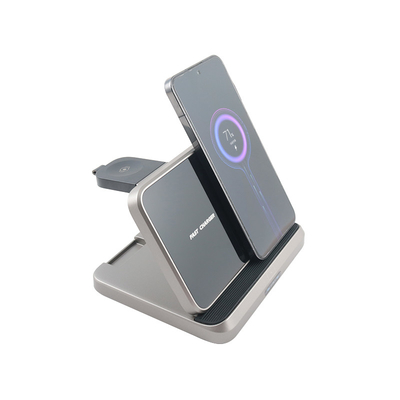 Cargador inalámbrico multifunción de material ABS PC con entrada 5V/2.1A y soporte de caja