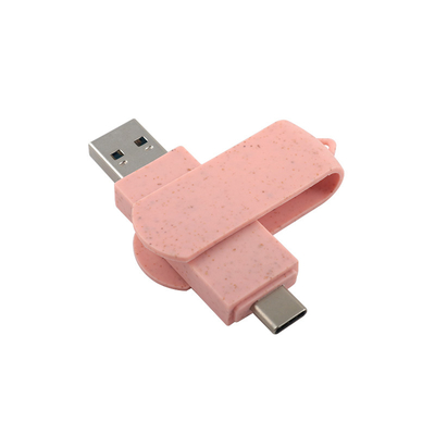 Unidad flash USB tipo C plástico rosa con paja material reciclable y logotipo personalizado
