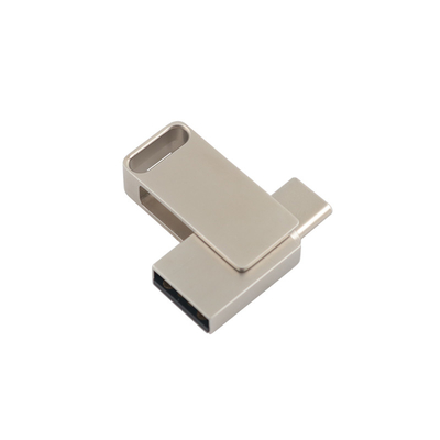 Unidad USB de metal plateado resistente al agua con USB 2.0 y grabado tipo C y logotipo de impresión