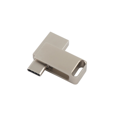 Unidad USB de metal plateado resistente al agua con USB 2.0 y grabado tipo C y logotipo de impresión