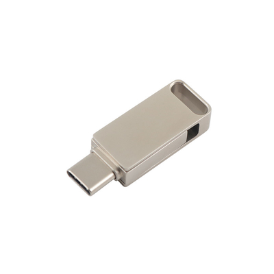 Unidad USB de metal plateado resistente al agua con USB 2.0 y grabado tipo C y logotipo de impresión