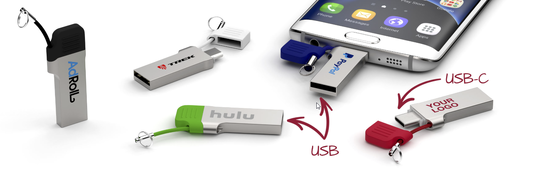 Unidad flash USB tipo C con USB A con cubierta metálica de cadena pequeña que puede imprimir con láser e imprimir el logotipo USB 3.2 y 3.1 de alta velocidad