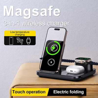Cargador inalámbrico 3 en 1 de carga rápida de 15W con diseño plegable y succión magnética